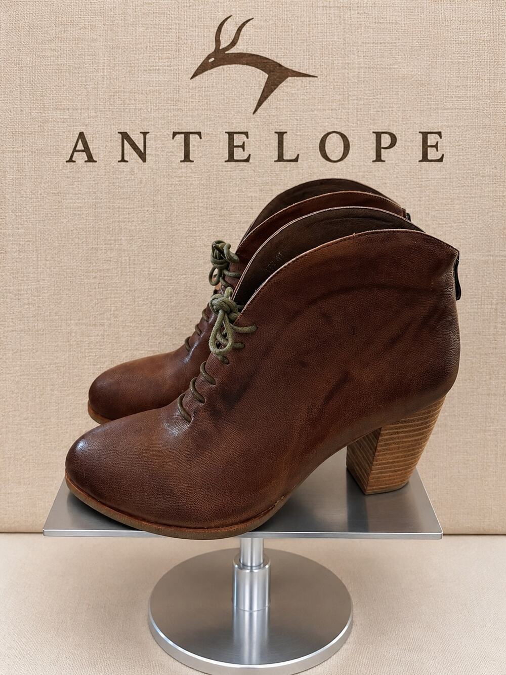 Antelope Distressed Leather Lace-Up Ankle Boots Block Heel EU 41 US 10-10.5